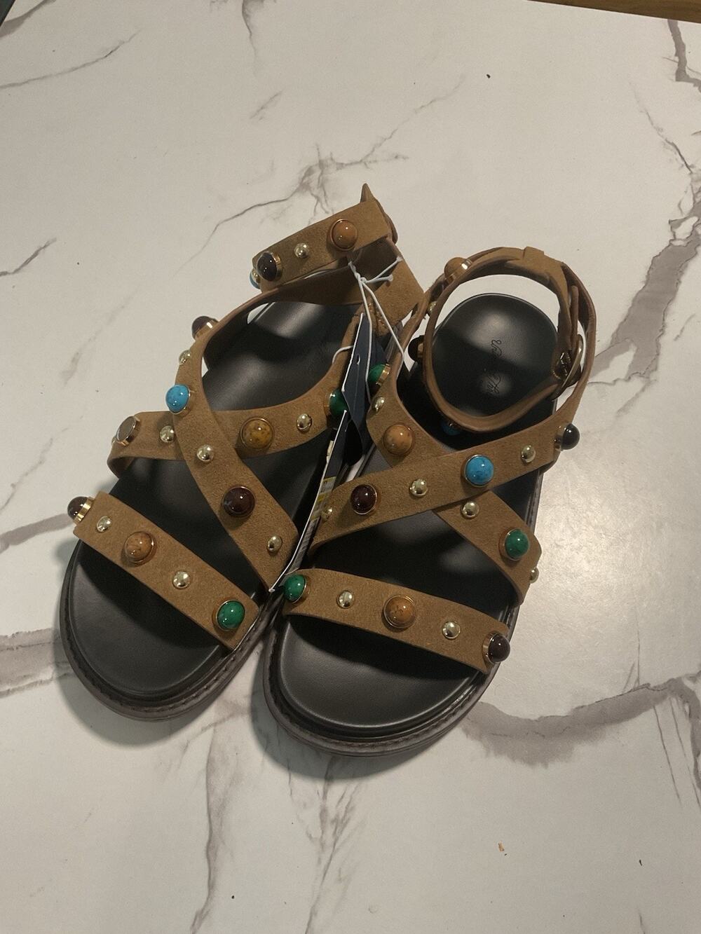 Time and Tru Women’s Brown Strappy Studded Beaded Ankle Strap Sandals 6